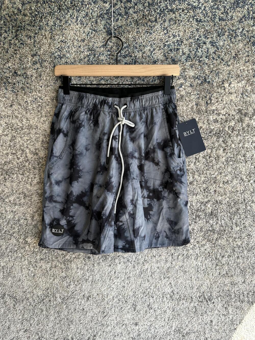 BYLT Swim Shorts Mens Small Gray Tie Dye Drawstring Quick Dry Lined Pockets